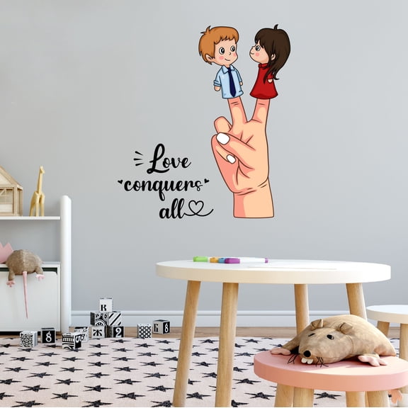 Home Wall Decal - Love Conquers All - Cute Quote Design Hand with Peace Sign and Cute Couple Lovers - Proudly Hand Made Decal - Size: 27 In(W) x 30 In(H)