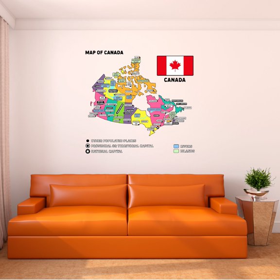 Home Wall Decal - Map of Canada - Vibrant Map Design Coloured Provincial and Territorial Map of Canada - Proudly Hand Made Decal - Size: 10 In(W) x 9 In(H)
