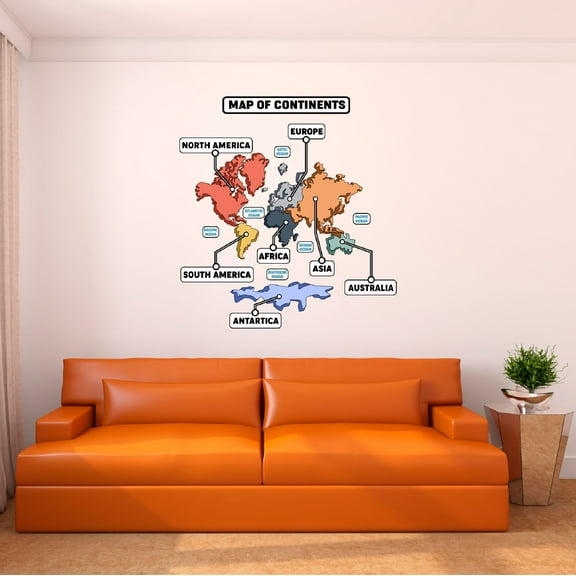Home Wall Decal - Map of Continents - Vibrant Map Design Cute Colourful Map of Continents - Proudly Hand Made Decal - Size: 9 In(W) x 10 In(H)
