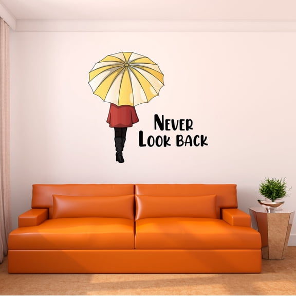 Home Wall Decal - Never Look Back - Cute Quote Design Cute Little Girl Walking Holding Umbrella - Proudly Hand Made Decal - Size: 10 In(W) x 9 In(H)