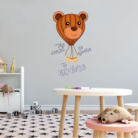 Home Wall Decal - The World is Yours to Explore - Cute Hot Air Balloon Design Inspirational Quote with Cute Teddy Air Balloon - Proudly Hand Made Decal - Size: 18 In(W) x 30 In(H)