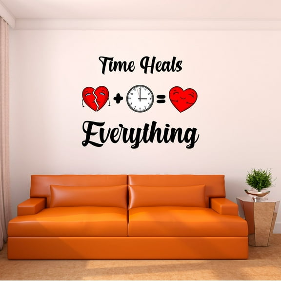 Home Wall Decal - Time Heals Everything - Cute Quote Design Cute Borken and Healed Heart with Cute Clock - Proudly Hand Made Decal - Size: 10 In(W) x 8 In(H)