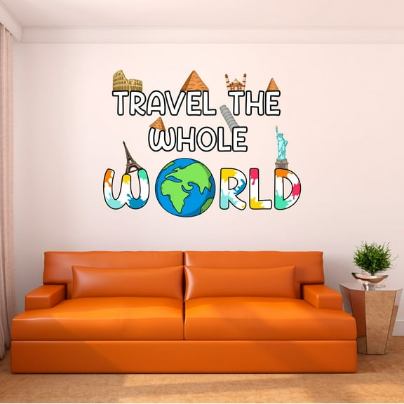 Home Wall Decal - Travel the Whole World - Cute Travelling Design Cute Seven Wonders of World Around the Globe - Proudly Hand Made Decal - Size: 10 In(W) x 7 In(H)
