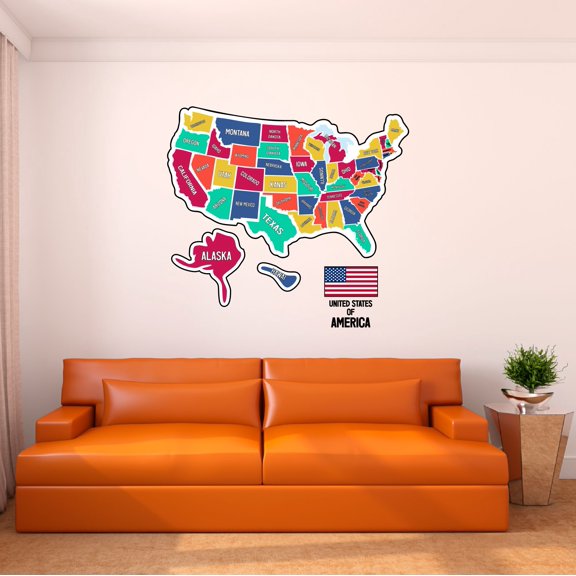 Home Wall Decal - United States of America - Bright Map Design Bright Coloured US Map with States names - Proudly Hand Made Decal - Size: 20 In(W) x 18 In(H)