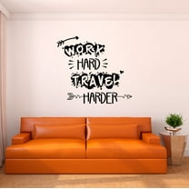 Home Wall Decal - Work Hard Travel Harder - Joyful Adventure Design Inspirational Travelling Quote with Arrow Designs - Proudly Hand Made Decal - Size: 10 In(W) x 9 In(H)