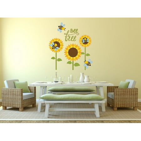 Home Wall Decals Bee Free Sunflower Bees Bedroom Stickers DIY Removable Originality Stickers - Size: 14 In x 11 In