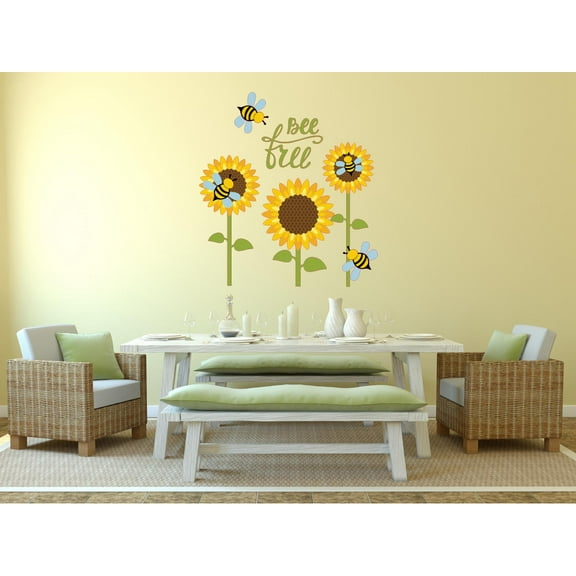 Home Wall Decals Bee Free Sunflower Bees Bedroom Stickers DIY Removable Originality Stickers - Size: 14 In x 11 In