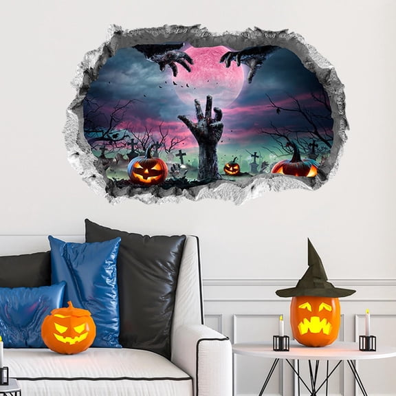 Home Wall Decor, Halloween Wall Art, Scary Halloween Decorations, Halloween Graveyard Decorations, Pumpkin Decorations for Home, Vivid 3D Break-Through Wall Sticker, Featuring