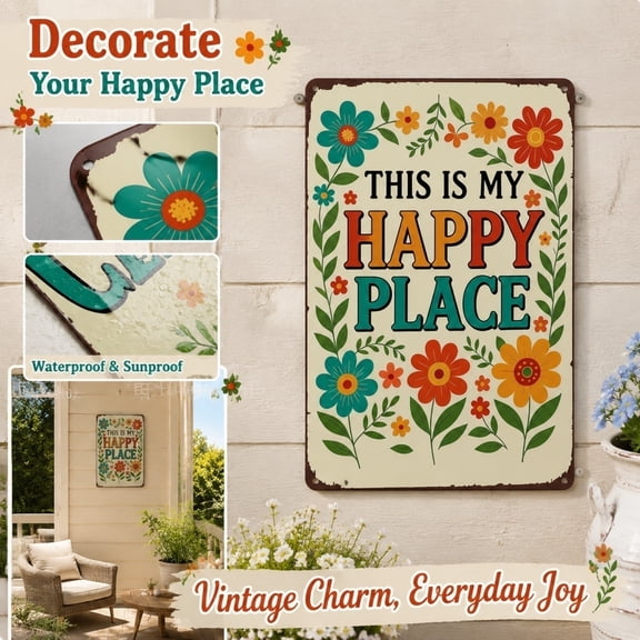 Home Wall Decor, Outdoor Metal Wall Art, Vintage Home Decor, Happy Place Sign, Waterproof Uv-Resistant 12X8 Inch Retro Faded Floral Metal Tin Plaque for Exterior Wall Ornament
