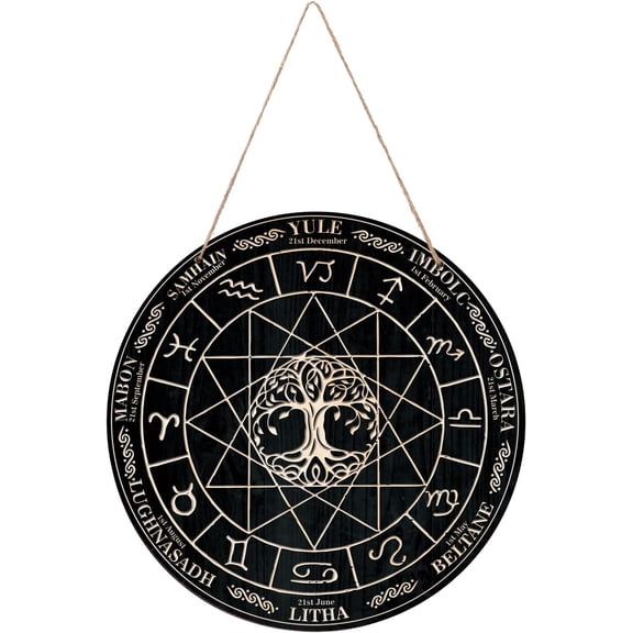 Home Wall Decor Signs Tree of Life Decorative Hanging Wood Sign Sabbats Wood Calendar Wall Art Plaque Welcome Sign Wall Sculpture for Christmas Decorations