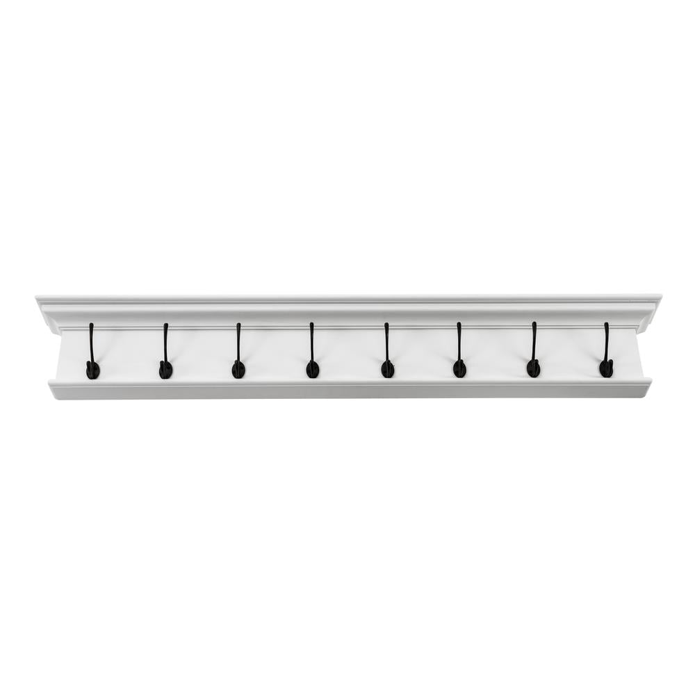 White Mahogany Coat Rack with Shelf and 8 Antique Brass Hooks