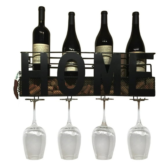 Home Wall Mounted Hanging Wine Rack & Cork Holder for 4 Bottles and 4 Wine Glasses