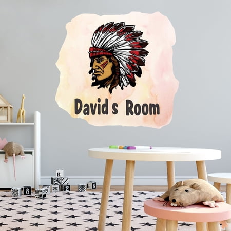 Home Watercolor Custom Name Wall Decals for Boys Room - Feather War Bonnet Multicolored Design Indigenous Personalized Bedroom Wall Sticker Water Color Style - Size: 10 In x 9 In