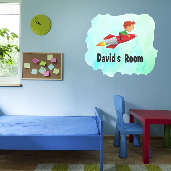 Home Watercolor Custom Name Wall Decals for Kids Room - Young Boy Flying With A Space Rocket Art Outer Space Personalized Bedroom Wall Sticker Water Color Style - Size: 10 In x 9 In