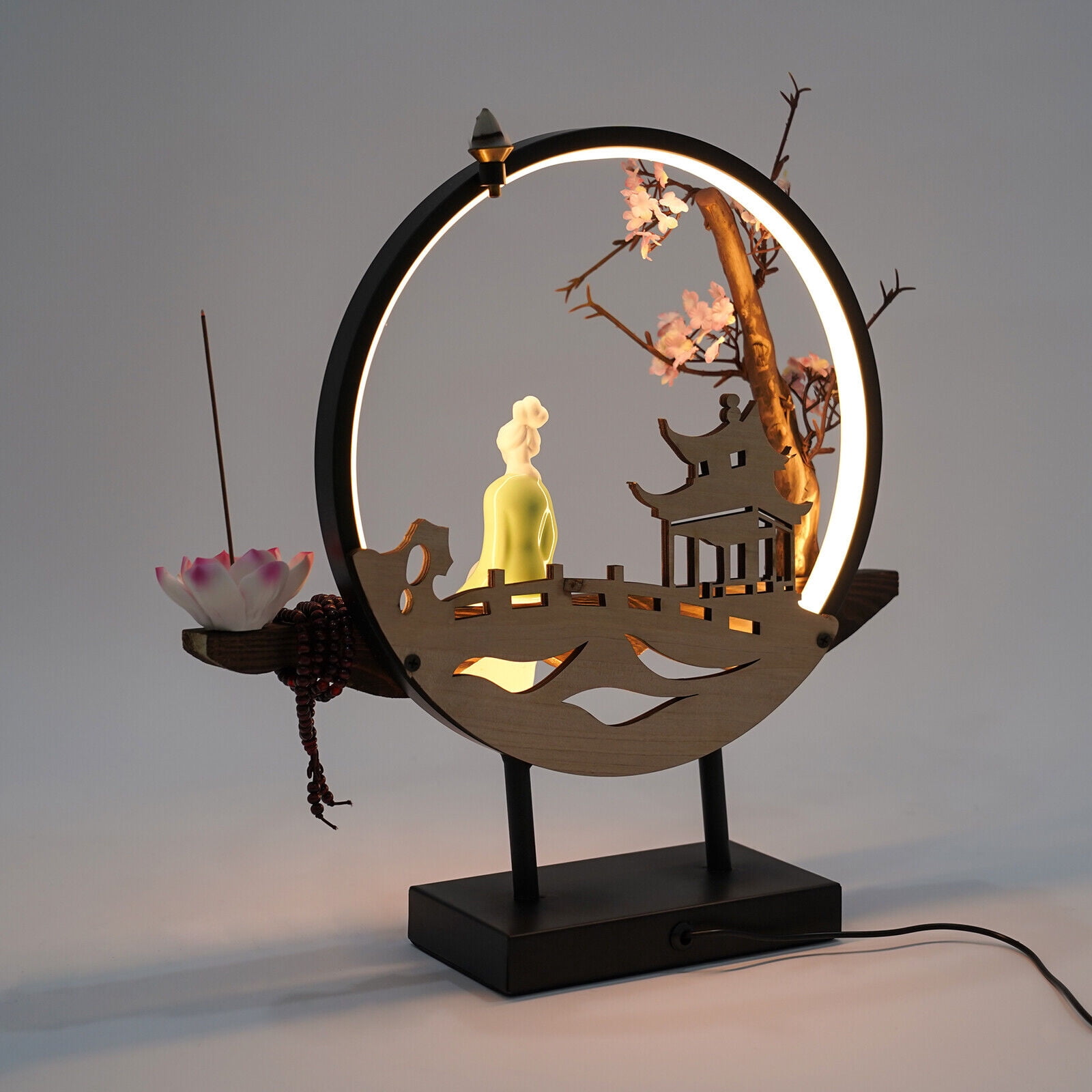 Home Waterfall Ceramic Backflow Incense Burner Holder, Round, Lotus Heart, Windproof 16.5*4*17inch 3 Gears LED Light Source