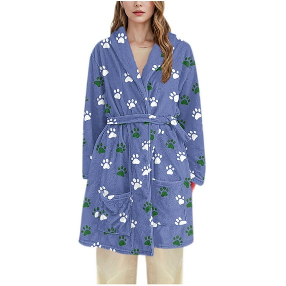 Home Wear For Women Flannel Lapel Long Sleeve Print Nightgown Winter Cute Casual Soft Comfortable Bathrobes With Pockets (3XL, Dark Blue)