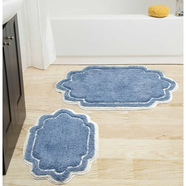 Home Weavers Allure Collection 100% Cotton Non-Slip Bathroom Rug Set Machine Washable Bathroom Rug-17"x24", Bath Rug- 21"x34", Blue Color 2 Piece Bath Carpet set