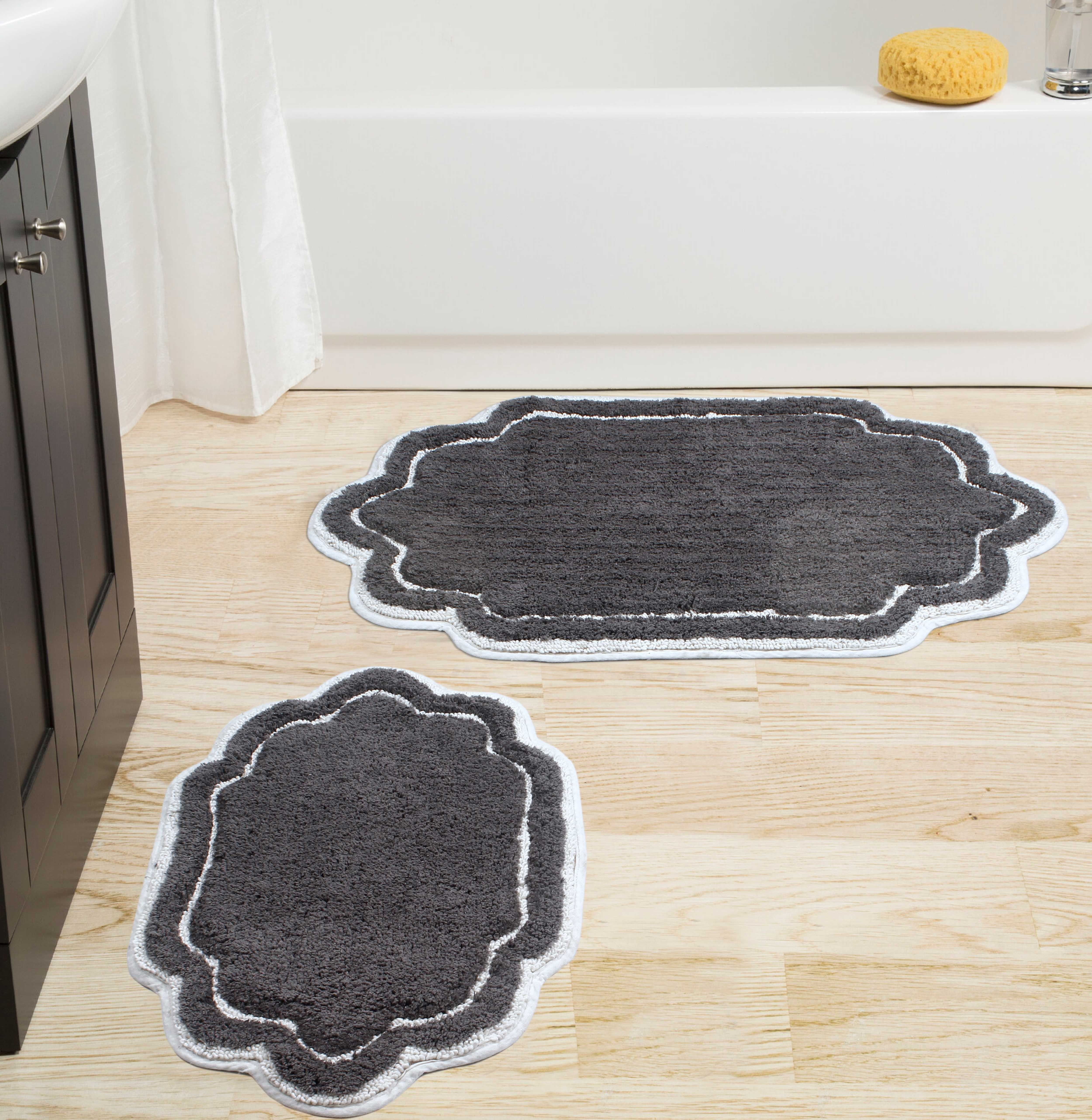 Dark Gray Cotton Non-Slip Bathroom Rug Set