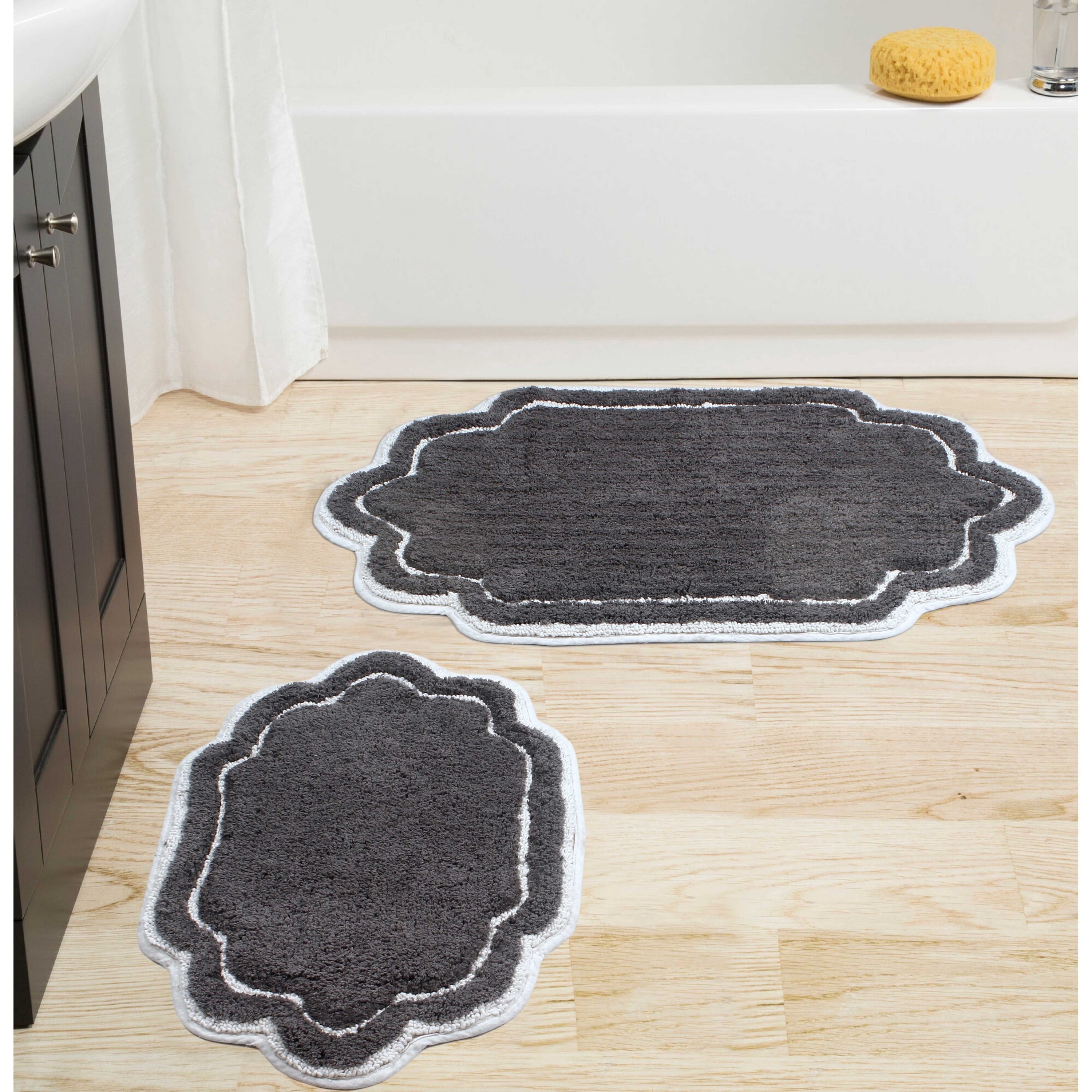 Home Weavers Allure Collection 100% Cotton Non-Slip Bathroom Rug Set Machine Washable Bathroom Rug-17"x24", Bath Rug- 21"x34", Dark Gray Color 2 Piece Bath Rug set