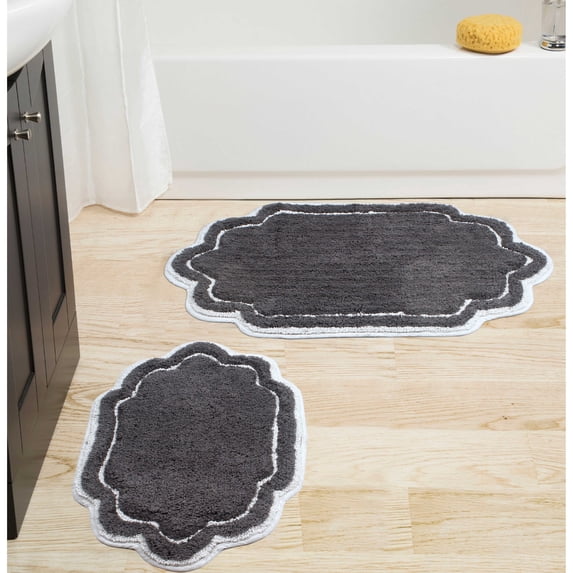 Home Weavers Allure Collection 100% Cotton Non-Slip Bathroom Rug Set Machine Washable Bathroom Rug-17"x24", Bath Rug- 21"x34", Dark Gray Color 2 Piece Bath Rug set