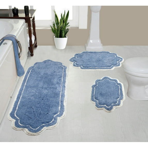 Home Weavers Allure Collection 100% Cotton Non-Slip Bathroom Rug Set Machine Washable Bathroom Rug-17"x24", Bath Rug- 21"x34", Runner- 21"x54", Blue Color 3 Piece Bath Rug set