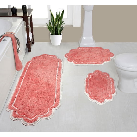 Home Weavers Allure Collection 100% Cotton Non-Slip Bathroom Rug Set Machine Washable Bathroom Rug-17"x24", Bath Rug- 21"x34", Runner- 21"x54", Coral Color 3 Piece Bath rug set