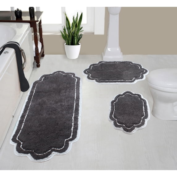 Home Weavers Allure Collection 100% Cotton Non-Slip Bathroom Rug Set Machine Washable Bathroom Rug-17"x24", Bath Rug- 21"x34", Runner- 21"x54", Dark Gray Color 3 Piece Bath rug set