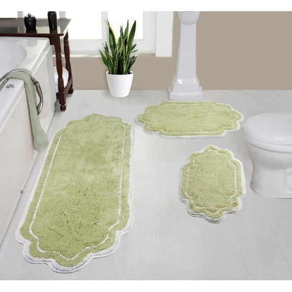 Home Weavers Allure Collection 100% Cotton Non-Slip Bathroom Rug Set Machine Washable Bathroom Rug-17"x24", Bath Rug- 21"x34", Runner- 21"x54", Green Color 3 Piece Bath Rug set