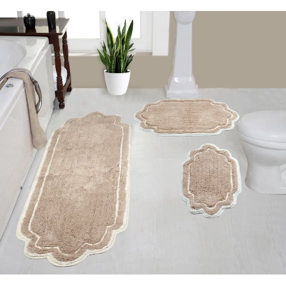 Home Weavers Allure Collection 100% Cotton Non-Slip Bathroom Rug Set Machine Washable Bathroom Rug-17"x24", Bath Rug- 21"x34", Runner- 21"x54", Linen Color 3 Piece Bath Rug set