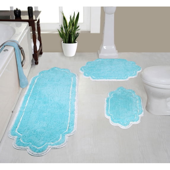 Home Weavers Allure Collection 100% Cotton Non-Slip Bathroom Rug Set Machine Washable Bathroom Rug-17"x24", Bath Rug- 21"x34", Runner- 21"x54", Turquoise Color 3 Piece Bath Rug set