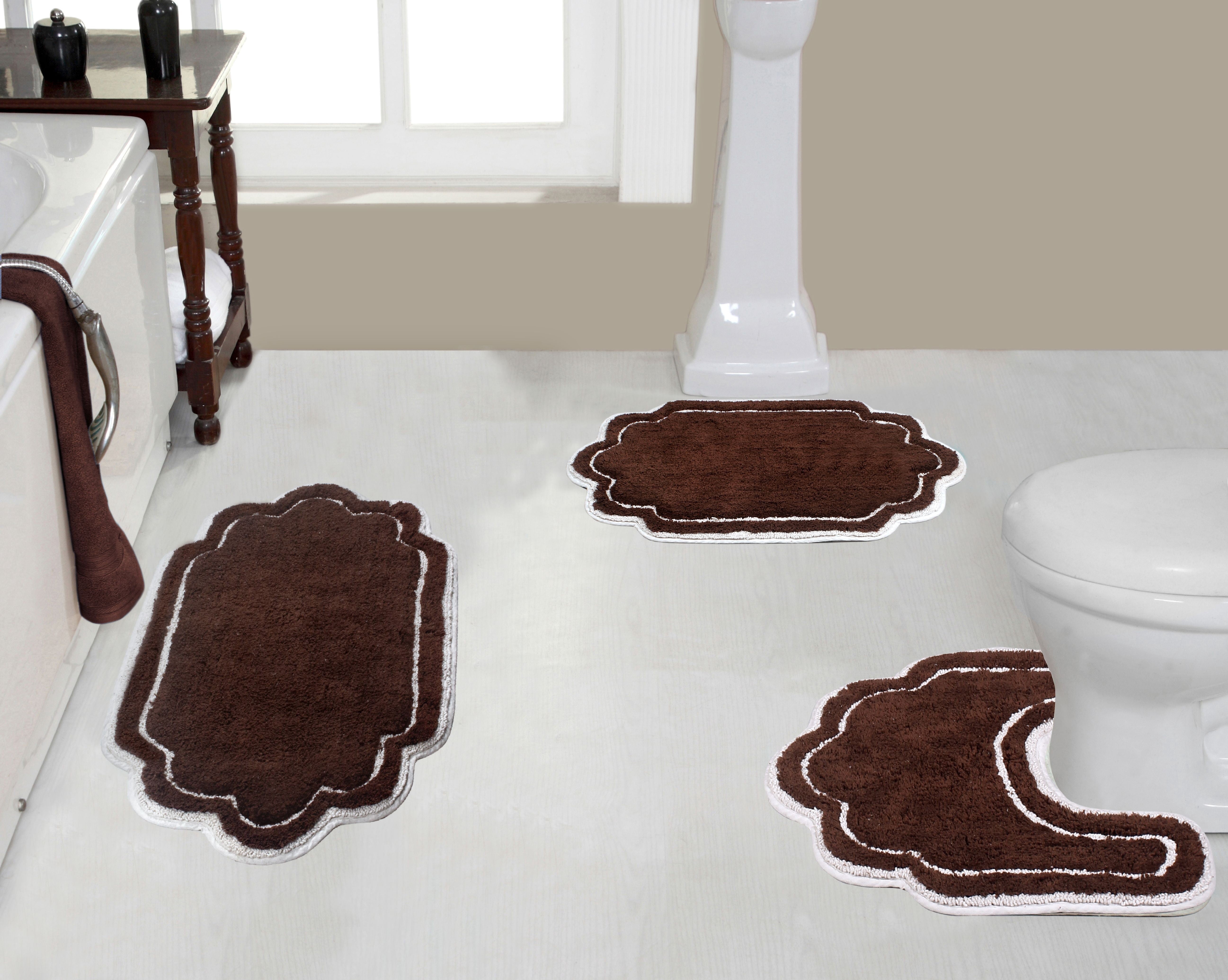 Home Weavers Allure Collection 100% Cotton Non-Slip Bathroom Rug Set Machine Washable Bathroom Rug-17"x24", Bath Rug- 21"x34", U Shaped Contour- 20"x20", Brown Color 3 Piece Bath Rug set