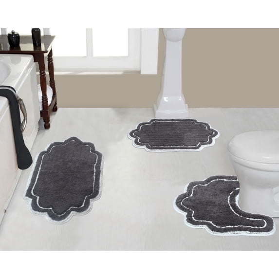 Home Weavers Allure Collection 100% Cotton Non-Slip Bathroom Rug Set Machine Washable Bathroom Rug-17"x24", Bath Rug- 21"x34", U Shaped Contour- 20"x20", Dark Gray Color 3 Piece Bath Rug set