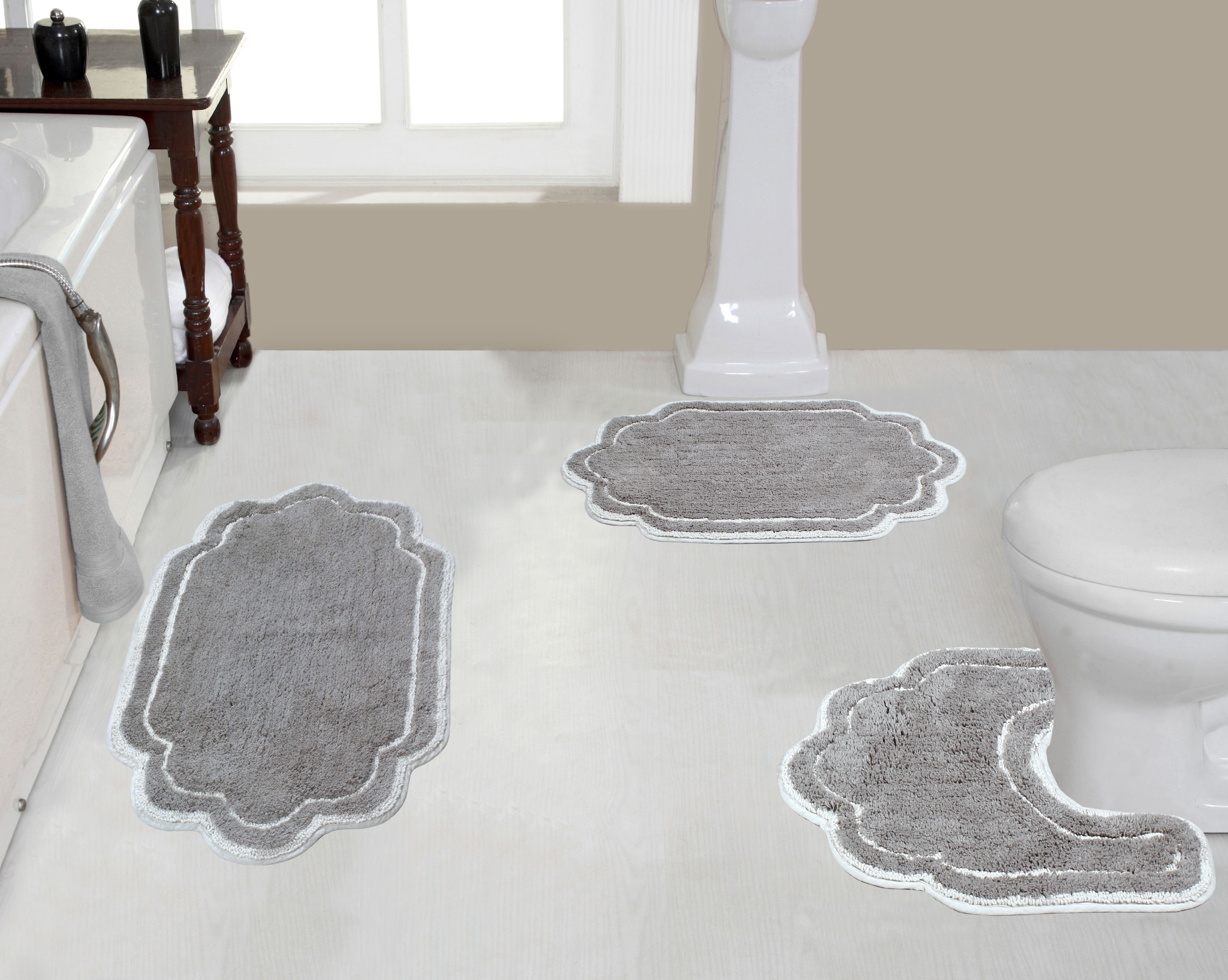 Home Weavers Allure Collection 100% Cotton Non-Slip Bathroom Rug Set Machine Washable Bathroom Rug-17"x24", Bath Rug- 21"x34", U Shaped Contour- 20"x20", Gray Color 3 Piece Bath Rug set