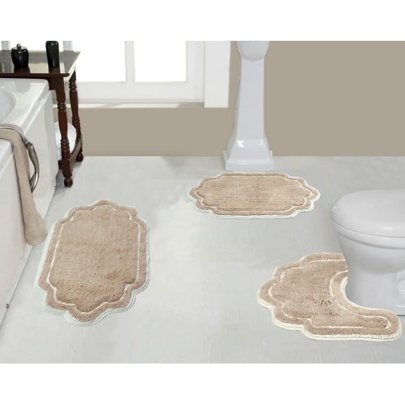 Home Weavers Allure Collection 100% Cotton Non-Slip Bathroom Rug Set Machine Washable Bathroom Rug-17"x24", Bath Rug- 21"x34", U Shaped Contour- 20"x20", Linen Color 3 Piece Bath Rug set