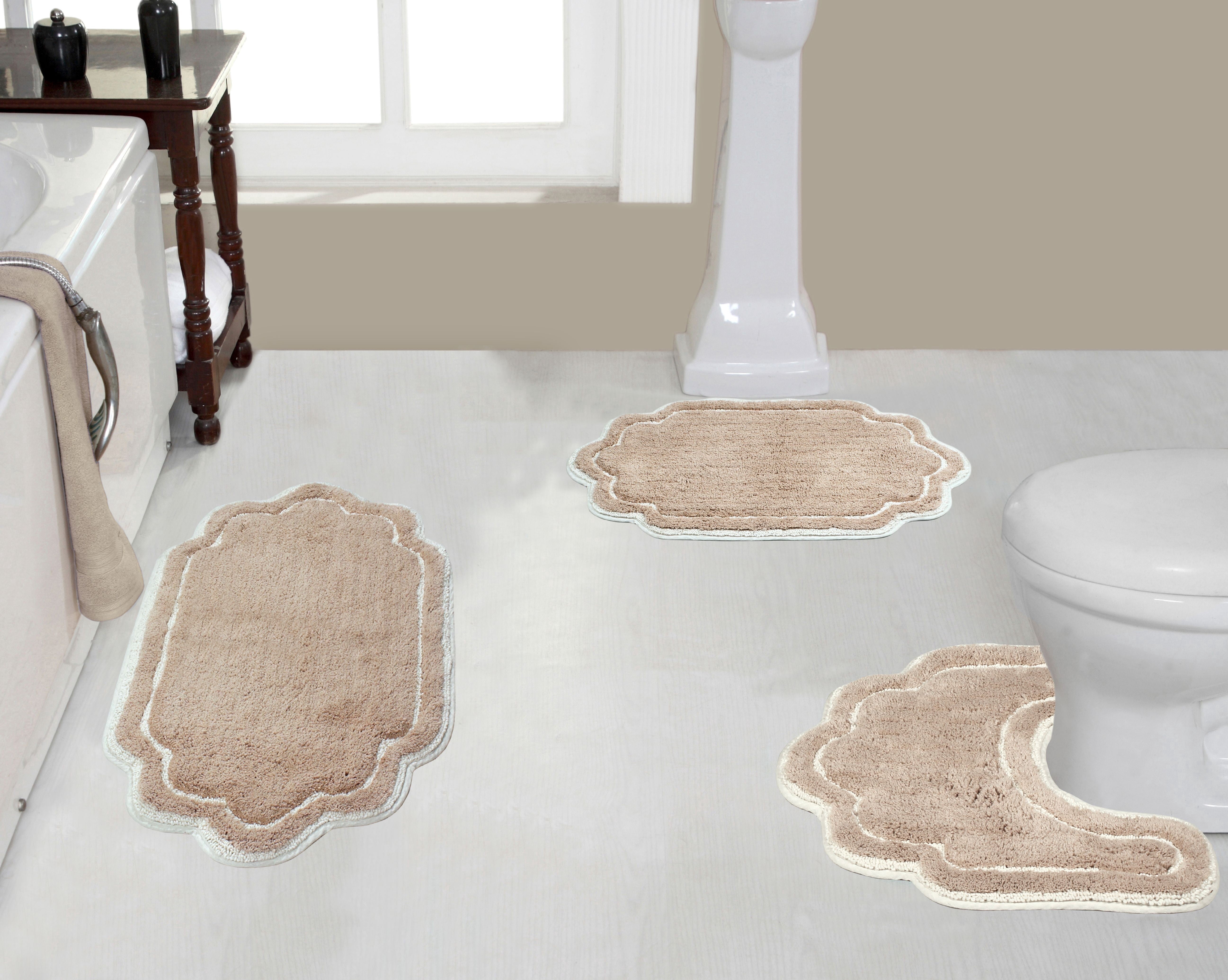 Home Weavers Allure Collection 100% Cotton Non-Slip Bathroom Rug Set Machine Washable Bathroom Rug-17"x24", Bath Rug- 21"x34", U Shaped Contour- 20"x20", Linen Color 3 Piece Bath Rug set