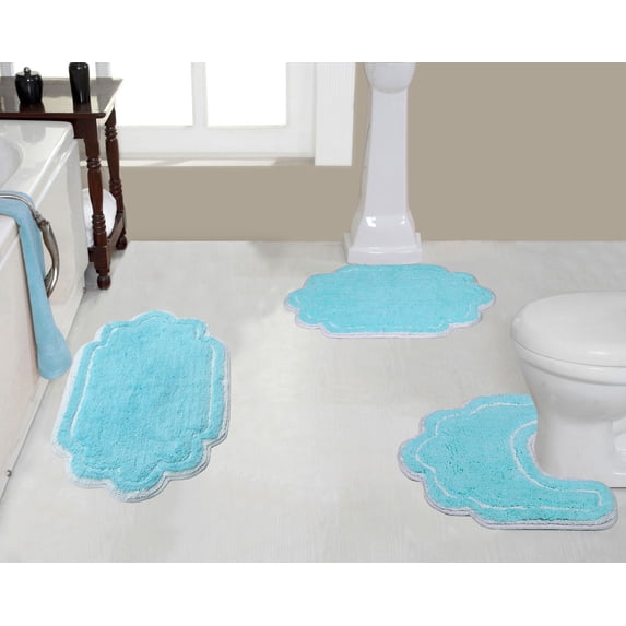 Home Weavers Allure Collection 100% Cotton Non-Slip Bathroom Rug Set Machine Washable Bathroom Rug-17"x24", Bath Rug- 21"x34", U Shaped Contour- 20"x20", Turquoise Color 3 Piece Bath Rug set