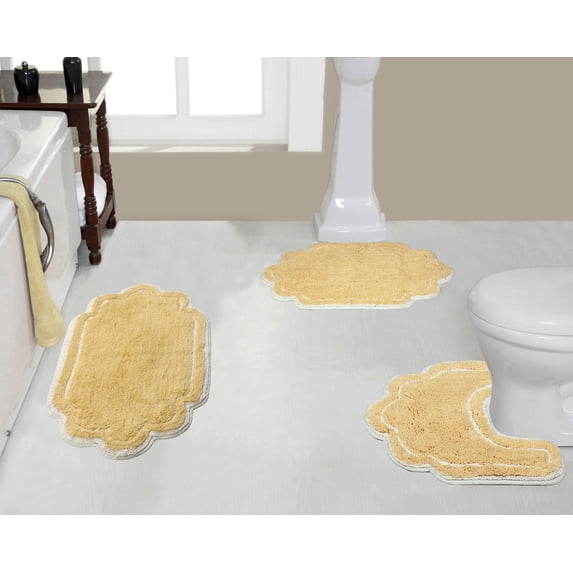 Home Weavers Allure Collection 100% Cotton Non-Slip Bathroom Rug Set Machine Washable Bathroom Rug-17"x24", Bath Rug- 21"x34", U Shaped Contour- 20"x20", Yellow Color 3 Piece Bath Rug set