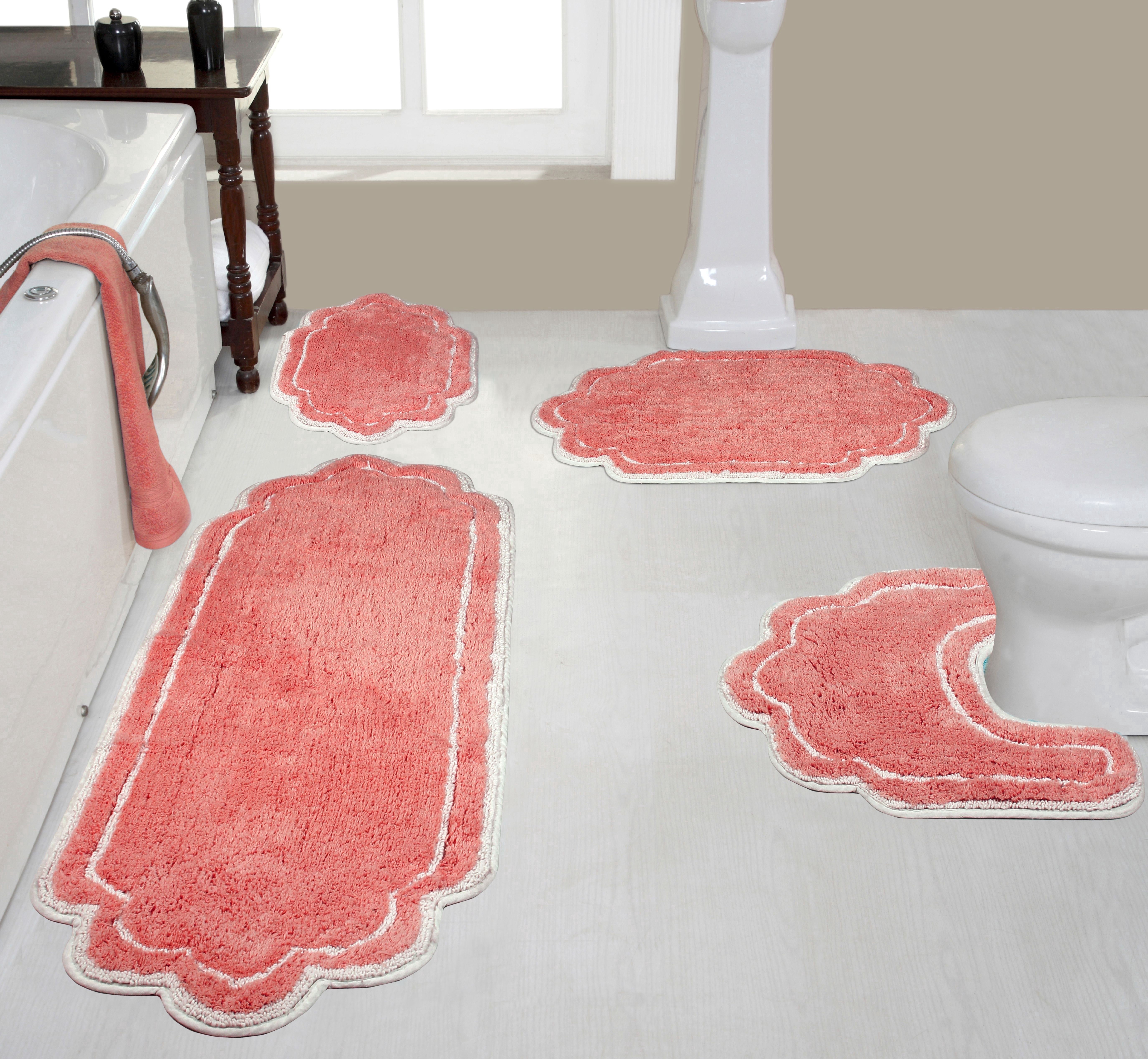 Home Weavers Allure Collection 100% Cotton Non-Slip Bathroom Rug Set Machine Washable Bathroom Rug, Bath Rug, U Shaped Contour, Runner, Coral Color 4 Piece Bath Rug set
