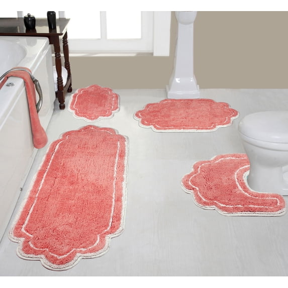 Home Weavers Allure Collection 100% Cotton Non-Slip Bathroom Rug Set Machine Washable Bathroom Rug, Bath Rug, U Shaped Contour, Runner, Coral Color 4 Piece Bath Rug set