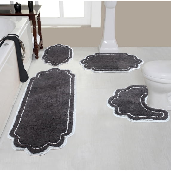 Home Weavers Allure Collection 100% Cotton Non-Slip Bathroom Rug Set Machine Washable Bathroom Rug, Bath Rug, U Shaped Contour, Runner, Dark Gray Color 4 Piece Bath Rug set