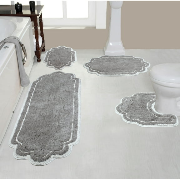Home Weavers Allure Collection 100% Cotton Non-Slip Bathroom Rug Set Machine Washable Bathroom Rug, Bath Rug, U Shaped Contour, Runner, Gray Color 4 Piece Bath Rug set