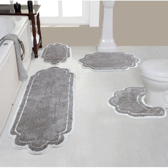 Home Weavers Allure Collection 100% Cotton Non-Slip Bathroom Rug Set Machine Washable Bathroom Rug, Bath Rug, U Shaped Contour, Runner, Gray Color 4 Piece Bath Rug set