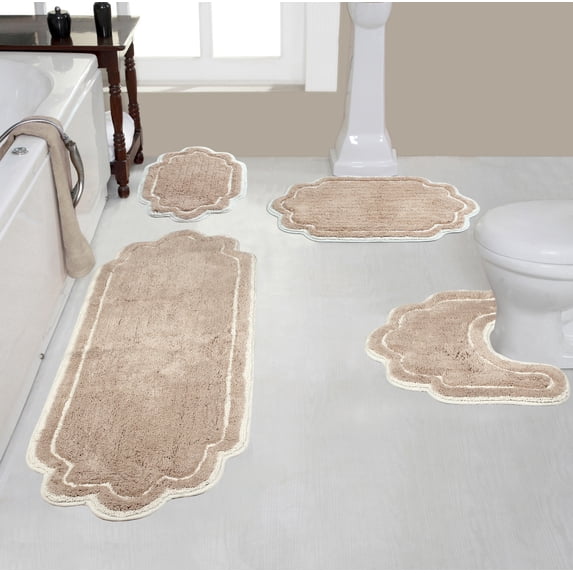Home Weavers Allure Collection 100% Cotton Non-Slip Bathroom Rug Set Machine Washable Bathroom Rug, Bath Rug, U Shaped Contour, Runner, Linen Color 4 Piece Bath Rug Set
