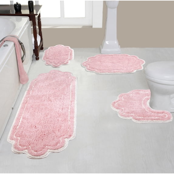 Home Weavers Allure Collection 100% Cotton Non-Slip Bathroom Rug Set Machine Washable Bathroom Rug, Bath Rug, U Shaped Contour, Runner, Pink Color 4 Piece Bath Rug set