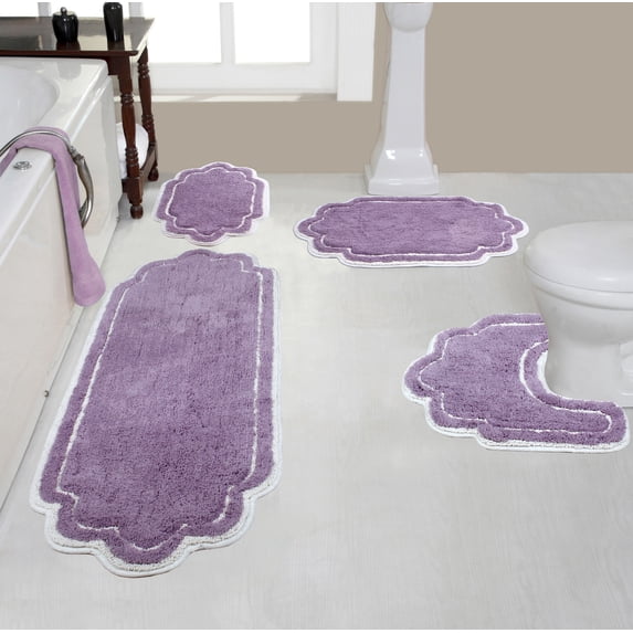 Home Weavers Allure Collection 100% Cotton Non-Slip Bathroom Rug Set Machine Washable Bathroom Rug, Bath Rug, U Shaped Contour, Runner, Purple Color 4 Piece Bath Rug set