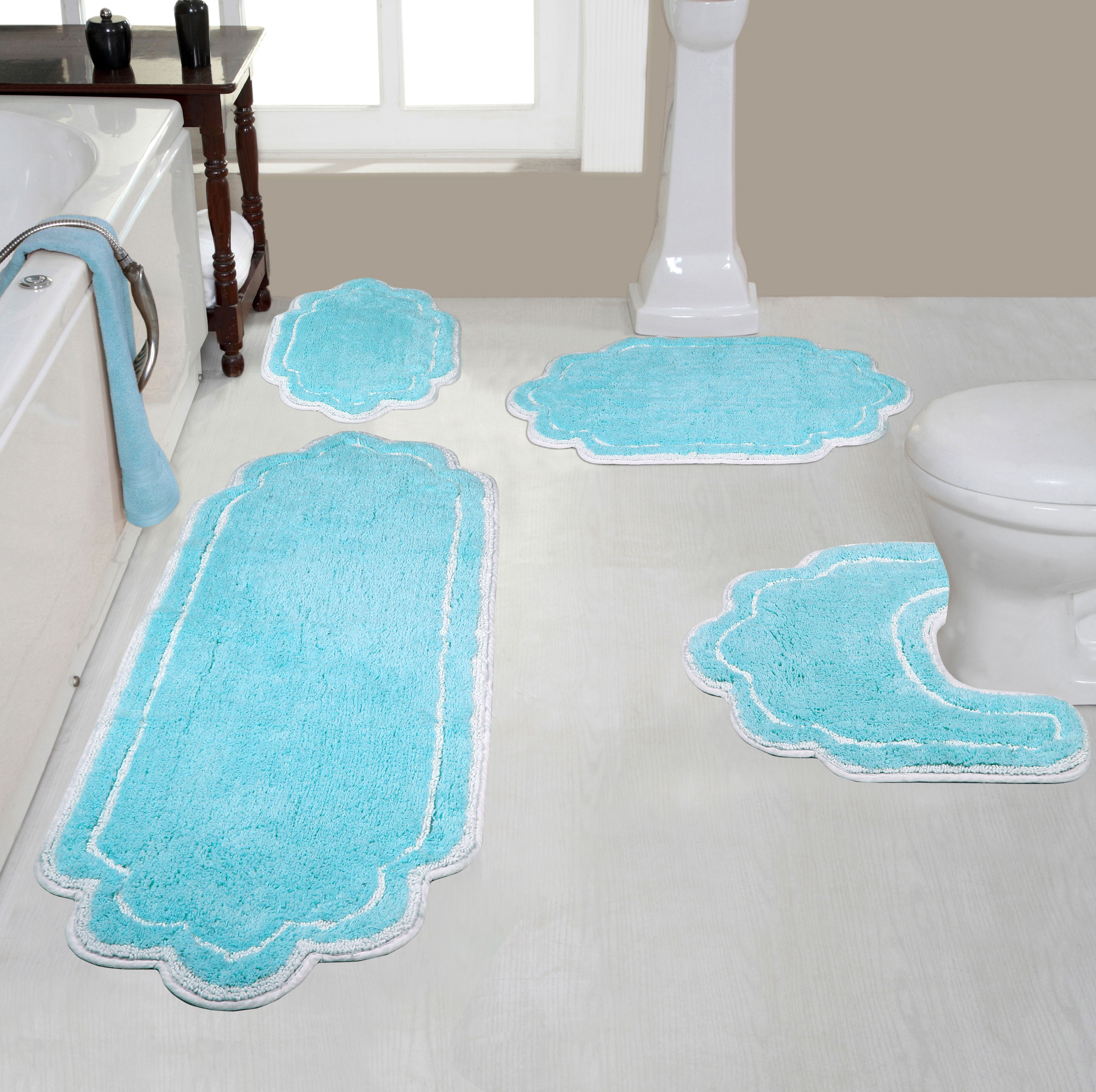 Home Weavers Allure Collection 100% Cotton Non-Slip Bathroom Rug Set Machine Washable Bathroom Rug, Bath Rug, U Shaped Contour, Runner, Turquoise Color 4 Piece Bath Carpet set