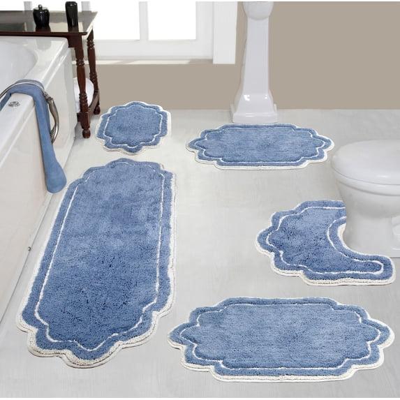 Home Weavers Allure Collection 100% Cotton Non-Slip Bathroom Rug Set Machine Washable Bathroom Rug, U Shaped Contour, Bathroom Rug, Bath Rug, Runner, Blue Color 5 Piece Bath rug set