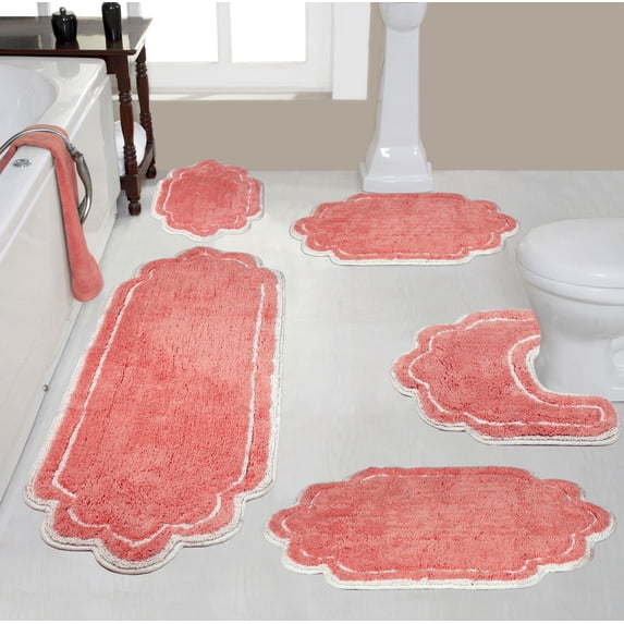 Home Weavers Allure Collection 100% Cotton Non-Slip Bathroom Rug Set Machine Washable Bathroom Rug, U Shaped Contour, Bathroom Rug, Bath Rug, Runner, Coral Color 5 Piece Bath Rug set