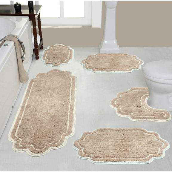 Home Weavers Allure Collection 100% Cotton Tufted Bathroom Rug, Soft and Absorbent Bath Rugs, Non-Slip Bath Rug, Machine Wash Dry Bath Mats for Bathroom Floor- 5 Piece Set with Contour, Linen Rug