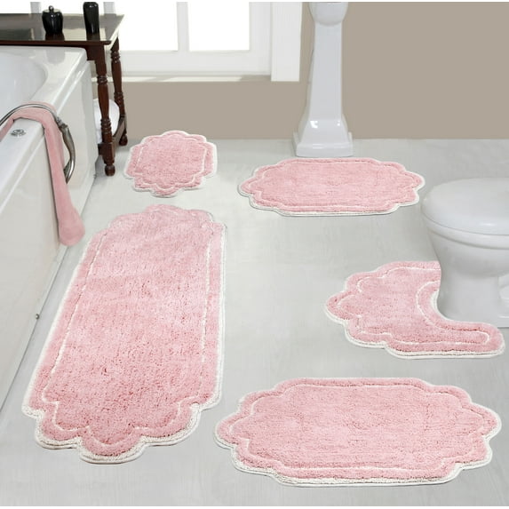 Home Weavers Allure Collection 100% Cotton Non-Slip Bathroom Rug Set Machine Washable Bathroom Rug, U Shaped Contour, Bathroom Rug, Bath Rug, Runner, Pink Color 5 Piece Bath Rug set
